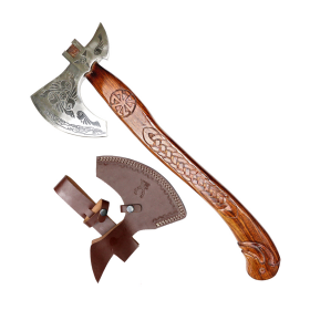 TheBoneEdge 29.5" Steel Etching Blade Hunting Axe Brown Wood Engraved Handle With Sheath