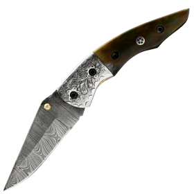TheBoneEdge 7.5" Damascus Blade Hand Made Folding Knife Burn Bone Handle With Silver Bolster