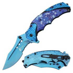 TheBoneEdge 8.5" All Blue Ti Coated Serrated Blade Spring Assisted Folding Knife With Belt Cutter & Clip