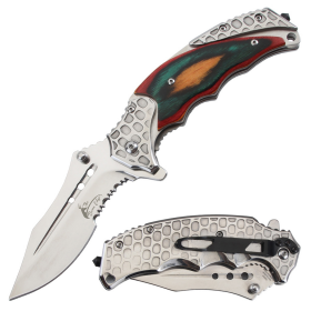 TheBoneEdge 8.5" Multi Pakkawood Handle All Satin Finished Spring Assisted Folding Knife With Belt Cutter & Clip