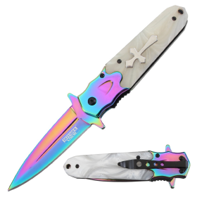 Defender-Xtreme 8.5" White Acrylic Handle Rainbow Bolster & Blade Spring Assisted Folding Knife 