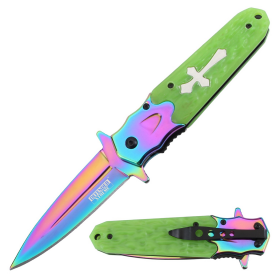 Defender-Xtreme 8.5" Green Luminous Handle Rainbow Bolster & Blade Spring Assisted Folding Knife 