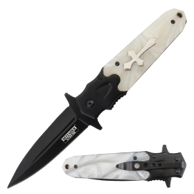 Defender-Xtreme 8.5" White Acrylic Handle Black Bolster & Blade Spring Assisted Folding Knife 