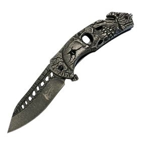 TheBoneEdge 8.5" Steel Handle Stone Wash Blade Spring Assisted Folding Knife