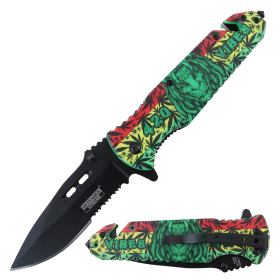 Defender-Xtreme 8.5" Leaves & Vibes Pattern Handle Spring Assisted Folding Knife With Belt Cutter & Glass Breaker