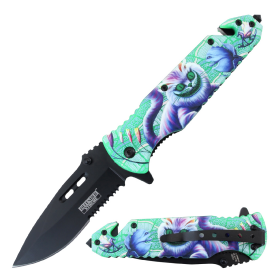 Defender-Xtreme 8.5" Cat Pattern Handle Spring Assisted Folding Knife With Belt Cutter & Glass Breaker