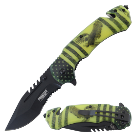 Defender-Xtreme 8.5" Eagle Pattern Handle Spring Assisted Folding Knife With Belt Cutter & Glass Breaker