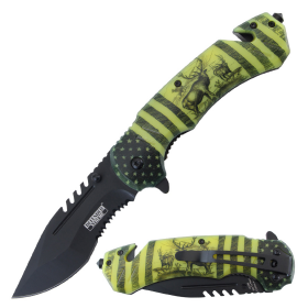 Defender-Xtreme 8.5" Deer Pattern Handle Spring Assisted Folding Knife With Belt Cutter & Glass Breaker