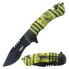 Defender-Xtreme 8.5" Wolf Pattern Handle Spring Assisted Folding Knife With Belt Cutter & Glass Breaker