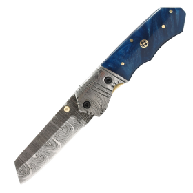 TheBoneEdge 7.5" Hand Made Damascus Blade Folding Knife Blue Resin Handle With Damascus Bolster
