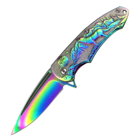 8" All Rainbow Color Fantasy 3D Sculpted Wolf Handle Spring Assisted Folding Knife With Belt Clip