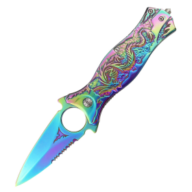 8" All Rainbow Color Fantasy Sculpted Dragon Art Handle Spring Assisted Folding Knife With Belt Clip