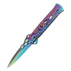 9" Rainbow Color Flame Handle Spring Assisted Folding Knife With Belt Clip