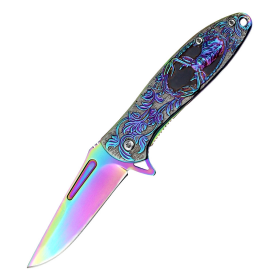 7" All Rainbow Color Fantasy 3D Sculpted Deer Handle Spring Assisted Folding Knife With Belt Clip