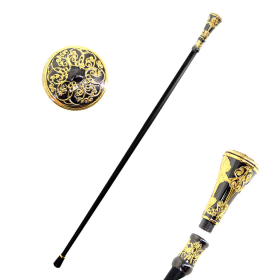 Walking Stick 35.5'' Cane With Golden Flower Pattern Handle Brass Handle Grip Strong Iron Pipe