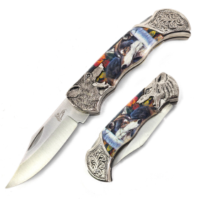 TheBoneEdge 7" Wolf Design Pattern Handle Classic Folding Knife 