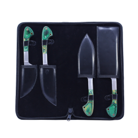 TheBoneEdge 4 Pcs Chef's Kitchen Knife Set Green Wood Color Handle Hand Made With Pouch