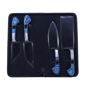 TheBoneEdge 4 Pcs Chef's Kitchen Knife Set Blue Wood Color Handle Hand Made With Pouch