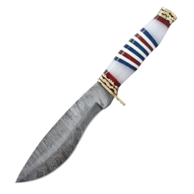 TheBoneEdge 13" Damascus Blade Hunting Knife White/Red/Blue Handle With Leather Sheath