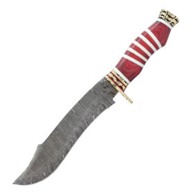 TheBoneEdge 13" Damascus Blade Hunting Knife White & Red Handle With Leather Sheath