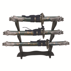 Defender 3Pcs Set Dragon Design Handle Blue Samurai Mini Katana Sword With Wood Stand