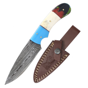 TheBoneEdge 8" Sky Blue & Multi Resin Handle Damascus Blade Hunting Knife With Sheath