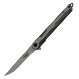 Defender-Xtreme 8" Grey Titanium Coated Ball Baring Folding Knife With Leather Sheath