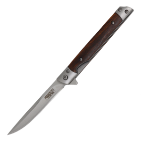 Defender-Xtreme 8" Sand Finish Blade Wood Handle Ball Baring Folding Knife With Leather Sheath