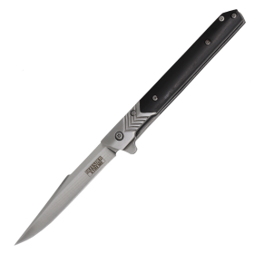 Defender-Xtreme 8" Sand Finish Blade Black Wood Handle Ball Baring Folding Knife With Leather Sheath