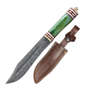 TheBoneEdge 13" Green Bone Handle Damascus Blade Hunting Knife With Leather Sheath