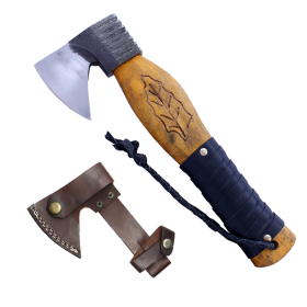 TheBoneEdge 11" Hunting Axe Yellow Wood Handle Hand Forged Blade With Sheath