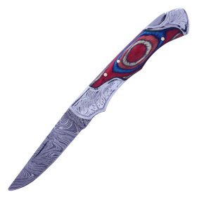 TheBoneEdge 7" Damascus Folding Knife Multi Wood Handle Bolster Handmade with Sheath
