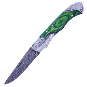 TheBoneEdge 7" Damascus Folding Knife Green Wood Handle Bolster Handmade with Sheath
