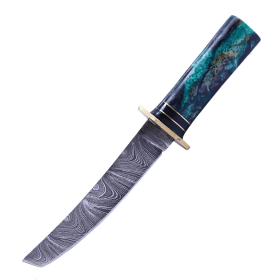 TheBoneEdge 6" Damascus Fixed Blade Green/Yellow/Black Resin Handle Hunting Knife With Sheath