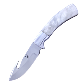 TheBoneEdge 8.5" Gut Hook Blade Pearl White Resin Handle Hunting Knife With Leather Sheath