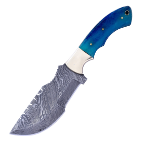 TheBoneEdge 10" Damascus Blade Tracker Hunting knife Blue Bone Handle With Leather Sheath