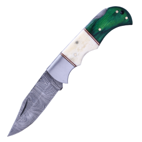 TheBoneEdge 6.5" Damascus Blade Folding Knife Wood & Bone Handle Steel Bolster With Pouch