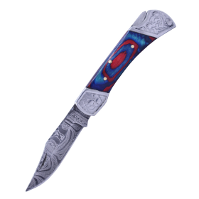 TheBoneEdge 7" Damascus Blade Folding Knife Blue & Red Wood Handle Steel Bolster With Pouch