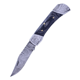 TheBoneEdge 7" Damascus Blade Folding Knife Black Wood Handle Steel Bolster With Pouch
