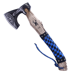 TheBoneEdge 17.5" Blue & Black Leather Wrapped Handle Steel Blade Hunting Axe With Sheath