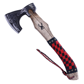 TheBoneEdge 17.5" Red & Black Leather Wrapped Handle Steel Blade Hunting Axe With Sheath