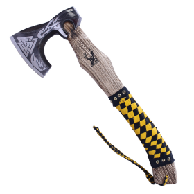 TheBoneEdge 17.5" Steel Blade Hunting Axe Black & Yellow Leather Wrapped Handle With Sheath