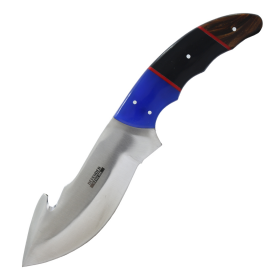 Defender-Xtreme 9" Blue/Black/Brown Resin Handle Gut Hook Blade Hunting Knife With Leather Sheath