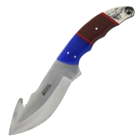 Defender-Xtreme 9" Blue/Brown/White Resin Handle Gut Hook Blade Hunting Knife With Leather Sheath