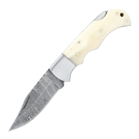 TheBoneEdge 6.5" Damascus Blade Folding Knife Bone Handle Steel Bolster With Pouch
