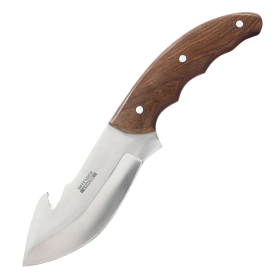 Defender-Xtreme 9" Wood Handle Gut Hook Blade Hunting Knife With Leather Sheath