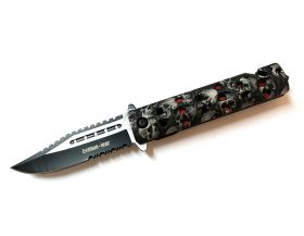 8.5" Zombie War Gray & Black Skull Design Spring Assisted Knife with Belt Clip
