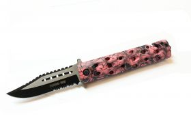 8.5" Zombie War Pink & Black Skull Design Spring Assisted Knife with Belt Clip