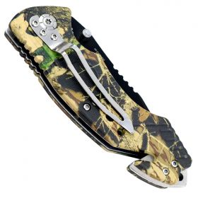 8" Woodland Camo Folding Knife with and Belt Cutter