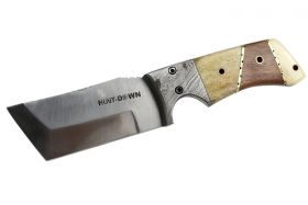 9" Huntdown Full Tang Hunting Knife with Wood Handle and Leather Sheath